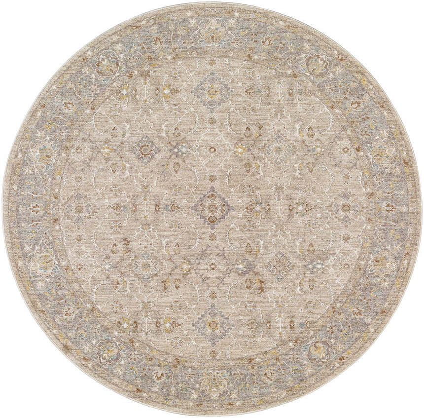 Round Feray Thick Luxe Area Rug in cloud gray, nutmeg, and light gray with a traditional floral pattern. Design-Round-53