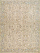 Close-up of the Feray Thick Luxe Area Rug. Neutral rug with traditional floral pattern in cloud gray, nutmeg, and brown. Design-Rectangle-912