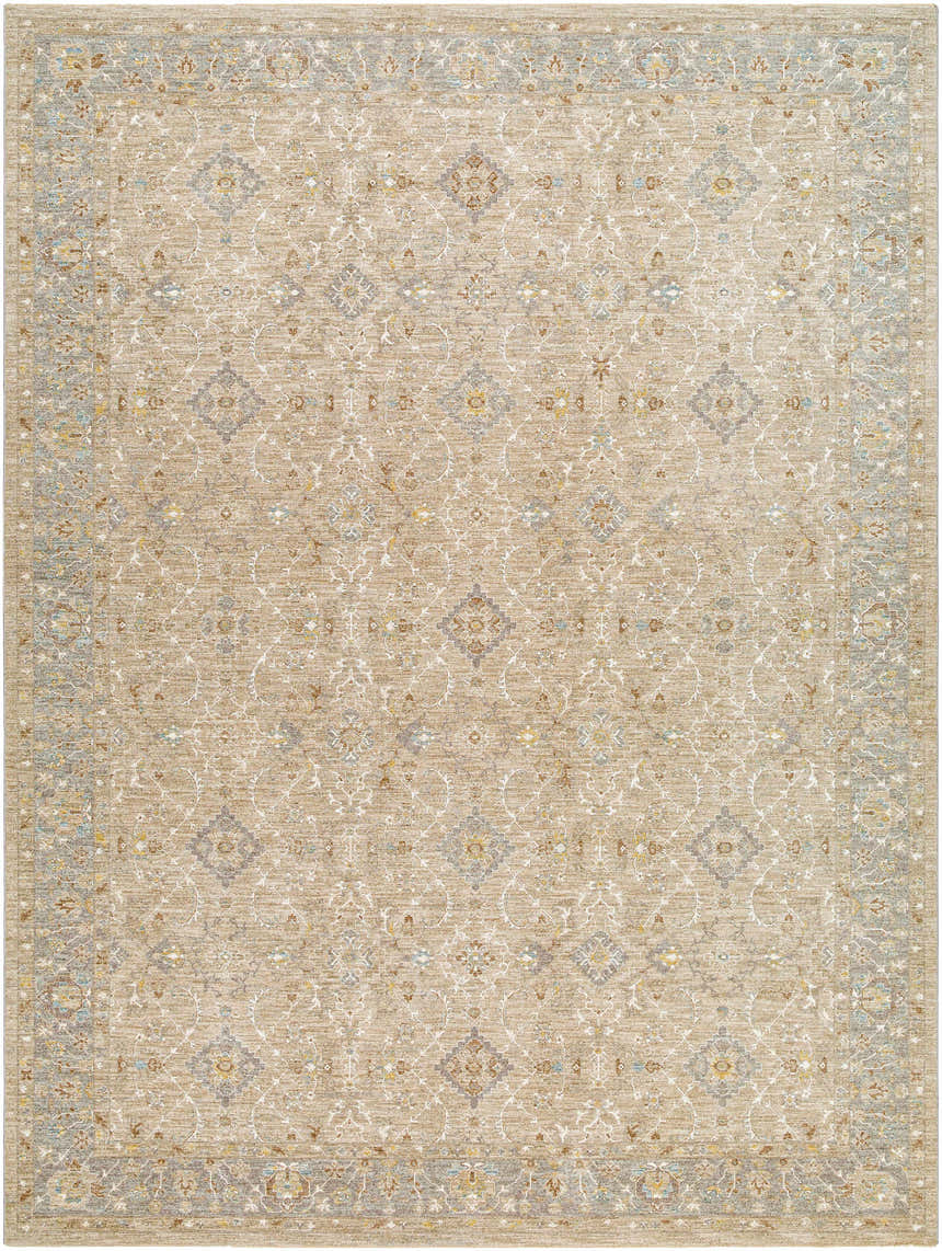 Close-up of the Feray Thick Luxe Area Rug. Neutral rug with traditional floral pattern in cloud gray, nutmeg, and brown. Design-Rectangle-912