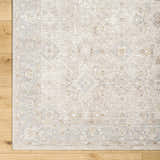 Close-up of the Feray Thick Luxe Area Rug showing its traditional floral pattern in cloud gray, brown, and nutmeg tones. Corner