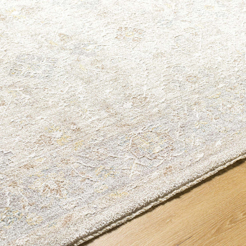Close-up of the Feray Thick Luxe Area Rug showing its plush texture, cloud gray color, and traditional pattern on wood flooring. Texture
