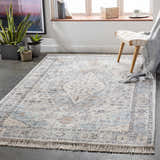Light-filled room with Fernhurst Distressed Beige Viscose&Cotton Rug, woven chair, plants, and neutral decor. Roomscene-Rectangle