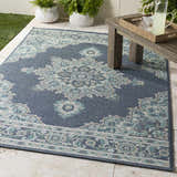 Outdoor patio scene with the navy Ferron Area Rug, a wood table, and potted plants. Roomscene-Rectangle