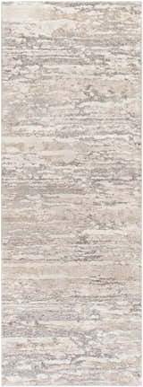 Close-up of the Ferrelview Area Rug. Contemporary style in gray, ivory, light gray, medium gray, and tan. Design-Runner-2710