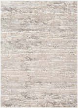 Close-up of Ferrelview Area Rug, a contemporary rug with gray, ivory, and tan horizontal striations. Machine woven texture. Design-Rectangle-5373