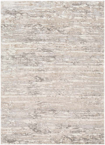 Close-up of Ferrelview Area Rug, a contemporary rug with gray, ivory, and tan horizontal striations. Machine woven texture. Design-Rectangle-5373