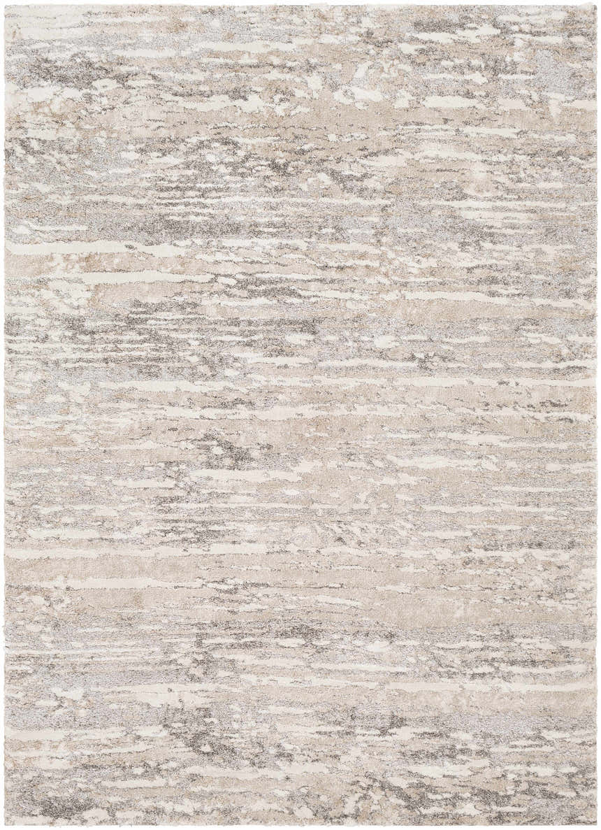Close-up of Ferrelview Area Rug, a contemporary rug with gray, ivory, and tan horizontal striations. Machine woven texture. Design-Rectangle-5373