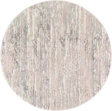 Close-up of the round Ferrelview Area Rug; a contemporary design in gray, ivory, and tan hues. Design-Round-53
