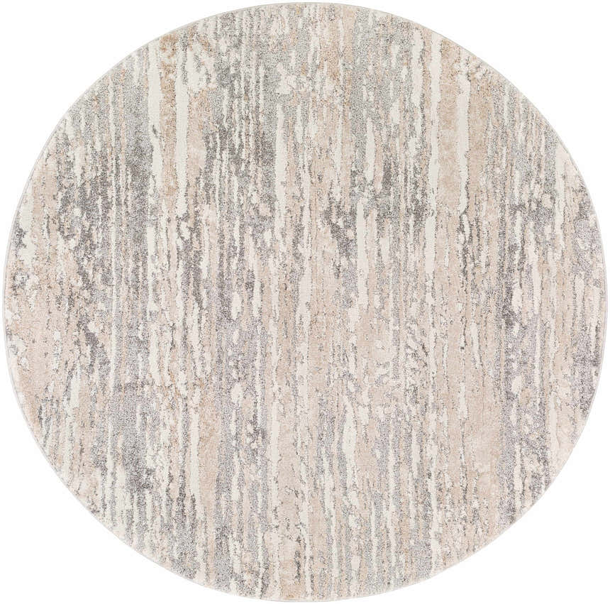 Close-up of the round Ferrelview Area Rug; a contemporary design in gray, ivory, and tan hues. Design-Round-53