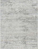 Close-up of the Ferrelview Area Rug. Contemporary design in gray, ivory, light gray, medium gray, and tan. Design-Rectangle-710103