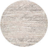 Close-up of round Ferrelview Area Rug. Contemporary design in gray, ivory, light gray, medium gray, and tan. Design-Round-710
