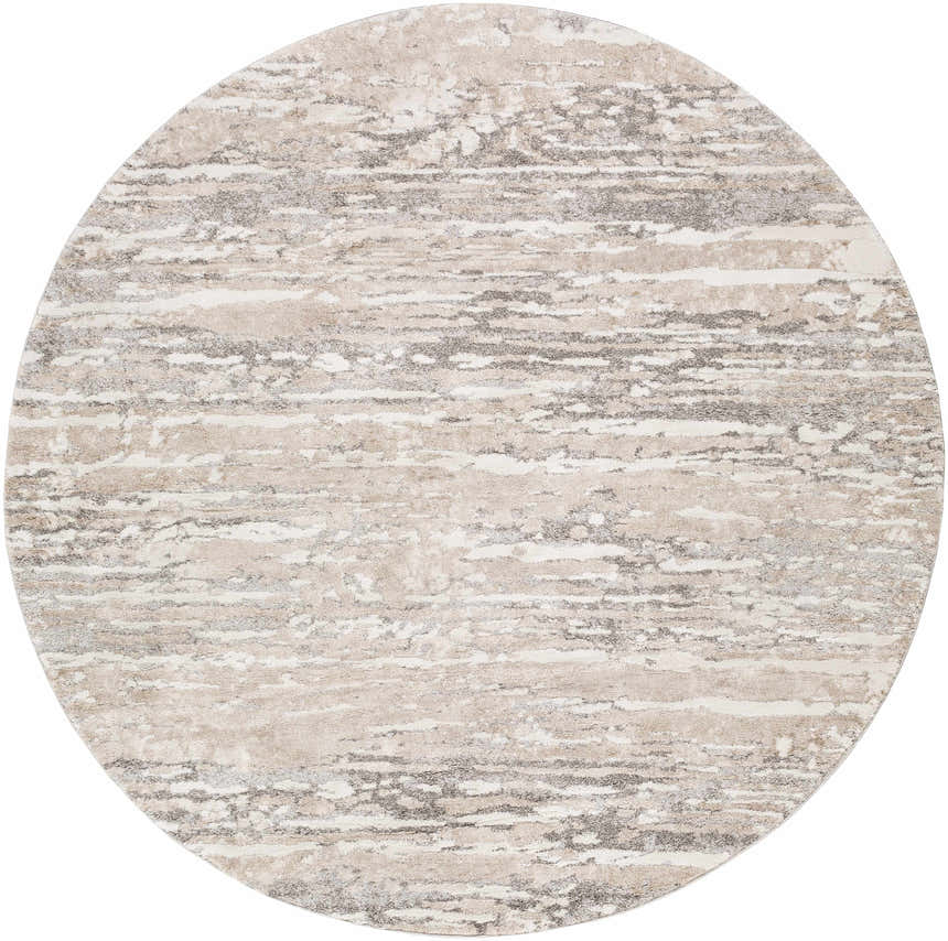 Close-up of round Ferrelview Area Rug. Contemporary design in gray, ivory, light gray, medium gray, and tan. Design-Round-710