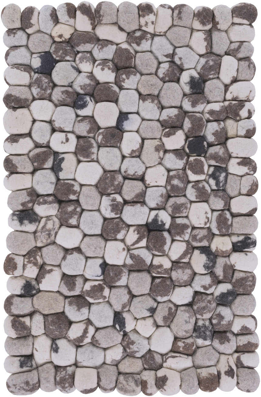 Close-up of the Fillmore Area Carpet, a hand-woven wool rug with a contemporary pebble-like design in black, charcoal, cream, and gray. Design-Rectangle-23