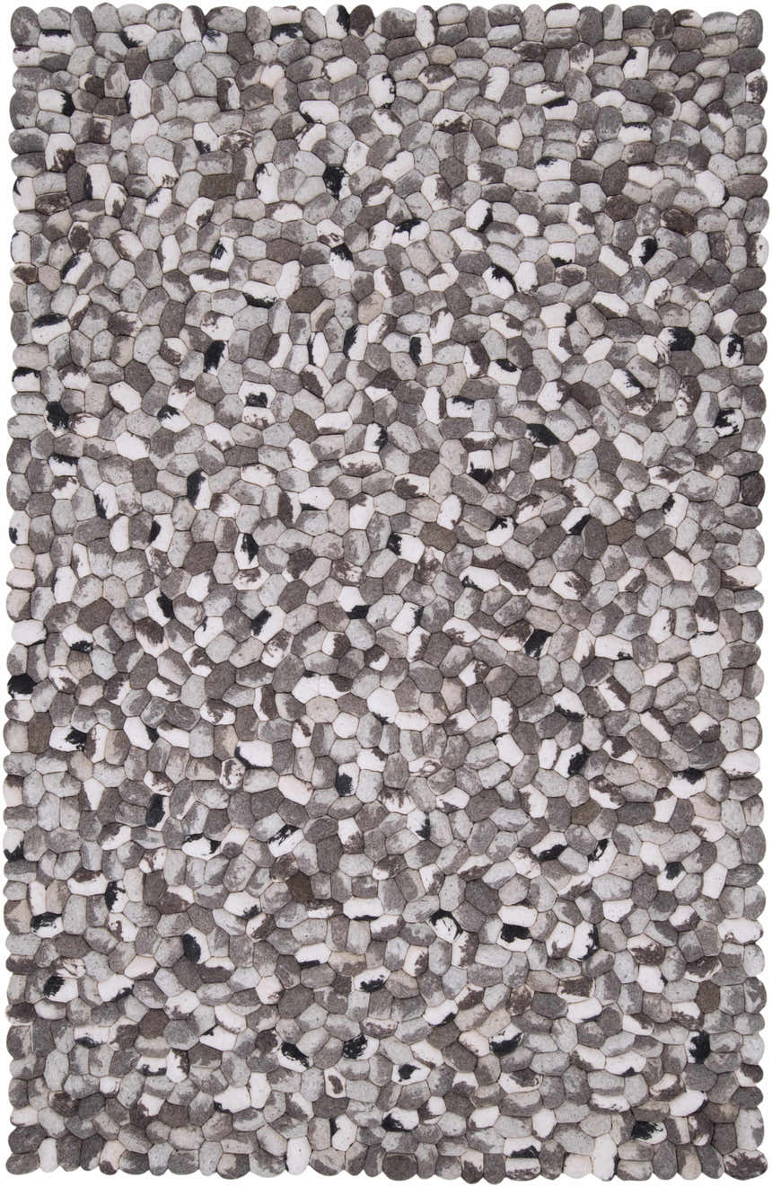 Close-up of the hand woven Fillmore Area Carpet. Black, charcoal, cream, and gray wool pebbles create a contemporary design. Design-Rectangle-58