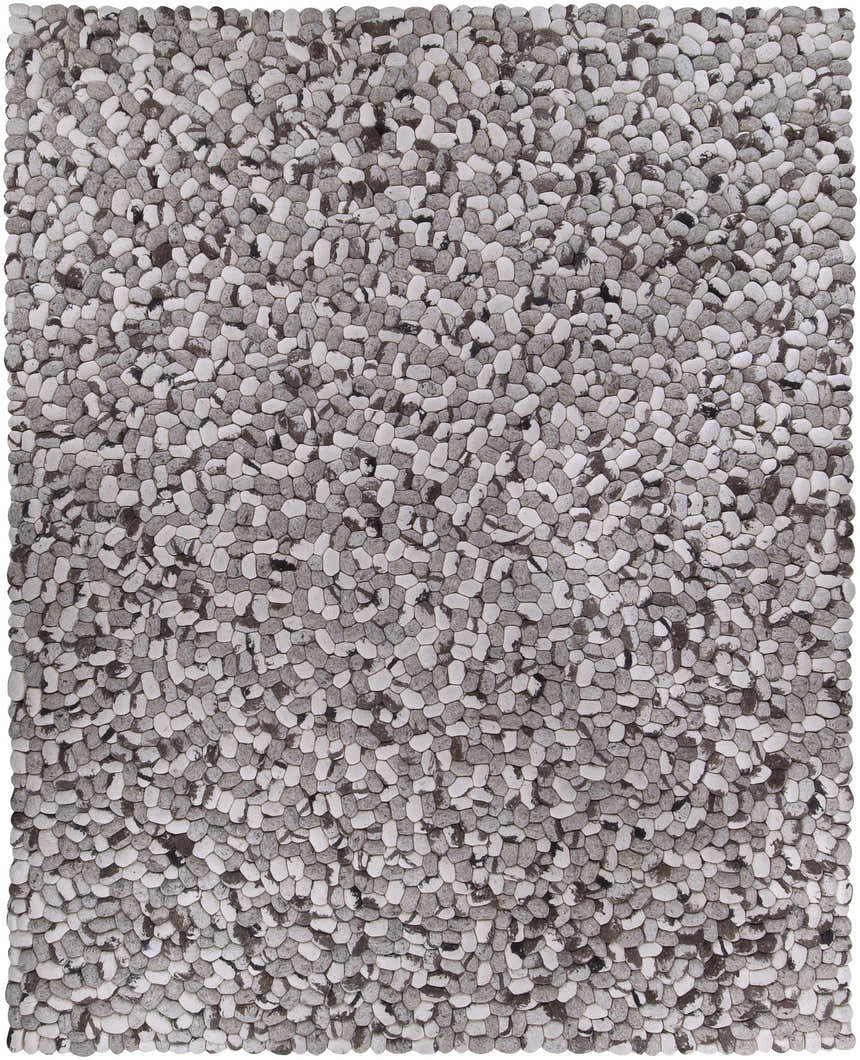 Close-up of the hand woven Fillmore Area Carpet. Black, charcoal, cream, and gray wool pebbles create a textured, contemporary design. Design-Rectangle-810
