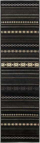 Close-up of Fogertown Black Western Rug. Features Southwestern-inspired geometric patterns in black, beige, and tan. Design-Runner