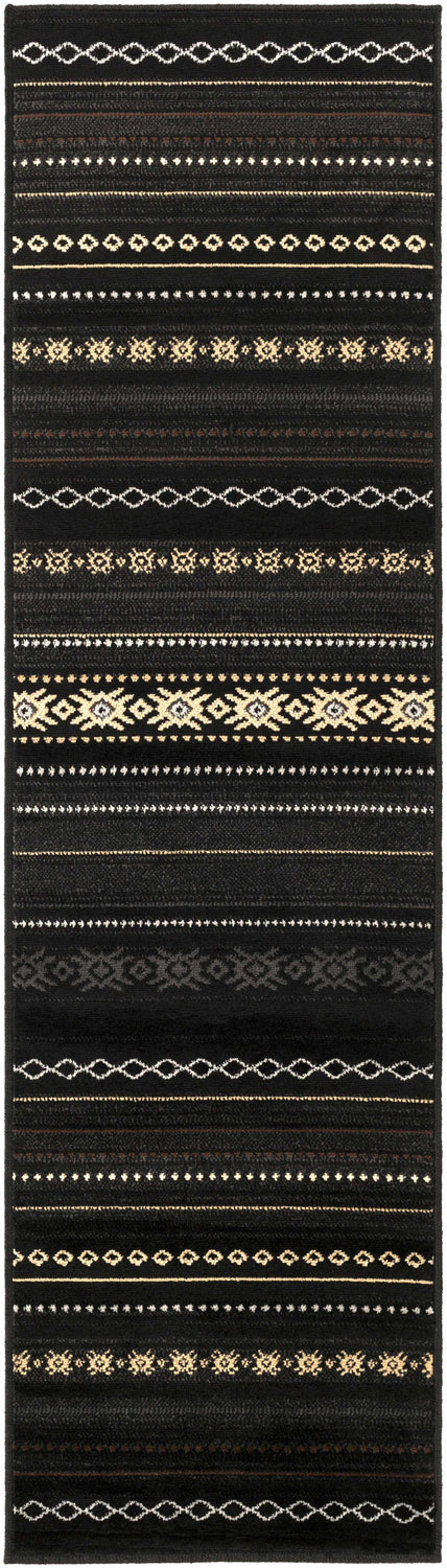Close-up of Fogertown Black Western Rug. Features Southwestern-inspired geometric patterns in black, beige, and tan. Design-Runner