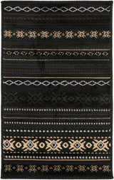 Close-up of the Fogertown Black Western Rug, featuring bohemian-inspired geometric patterns in black, beige, tan, and gray. Design-Rectangle