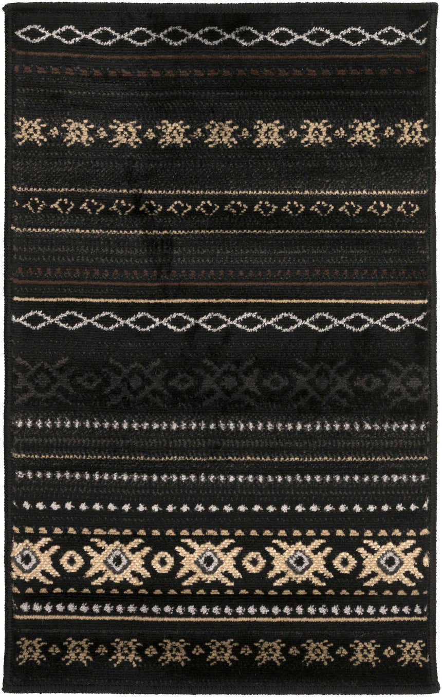 Close-up of the Fogertown Black Western Rug, featuring bohemian-inspired geometric patterns in black, beige, tan, and gray. Design-Rectangle
