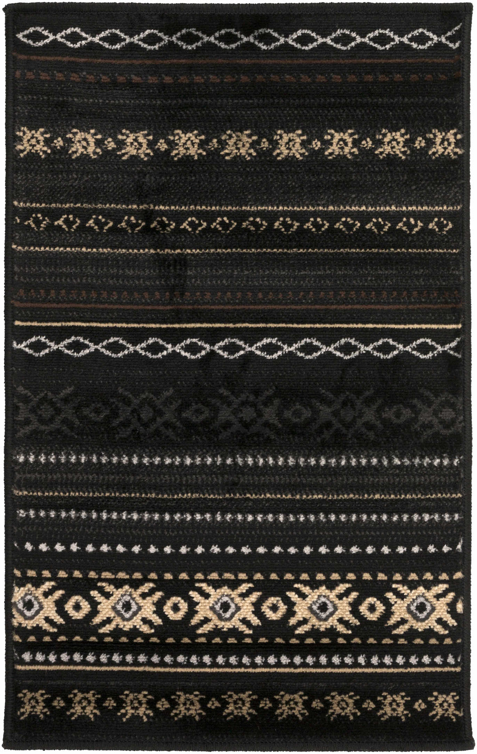 Close-up of the Fogertown Black Western Rug, featuring bohemian-inspired geometric patterns in black, beige, tan, and gray. Design-Rectangle