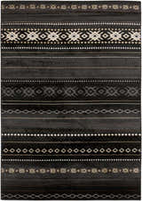 Close-up of Fogertown Black Western Rug, featuring a bohemian geometric pattern in black, charcoal, gray, beige, peach, and tan. Design-Rectangle-5376