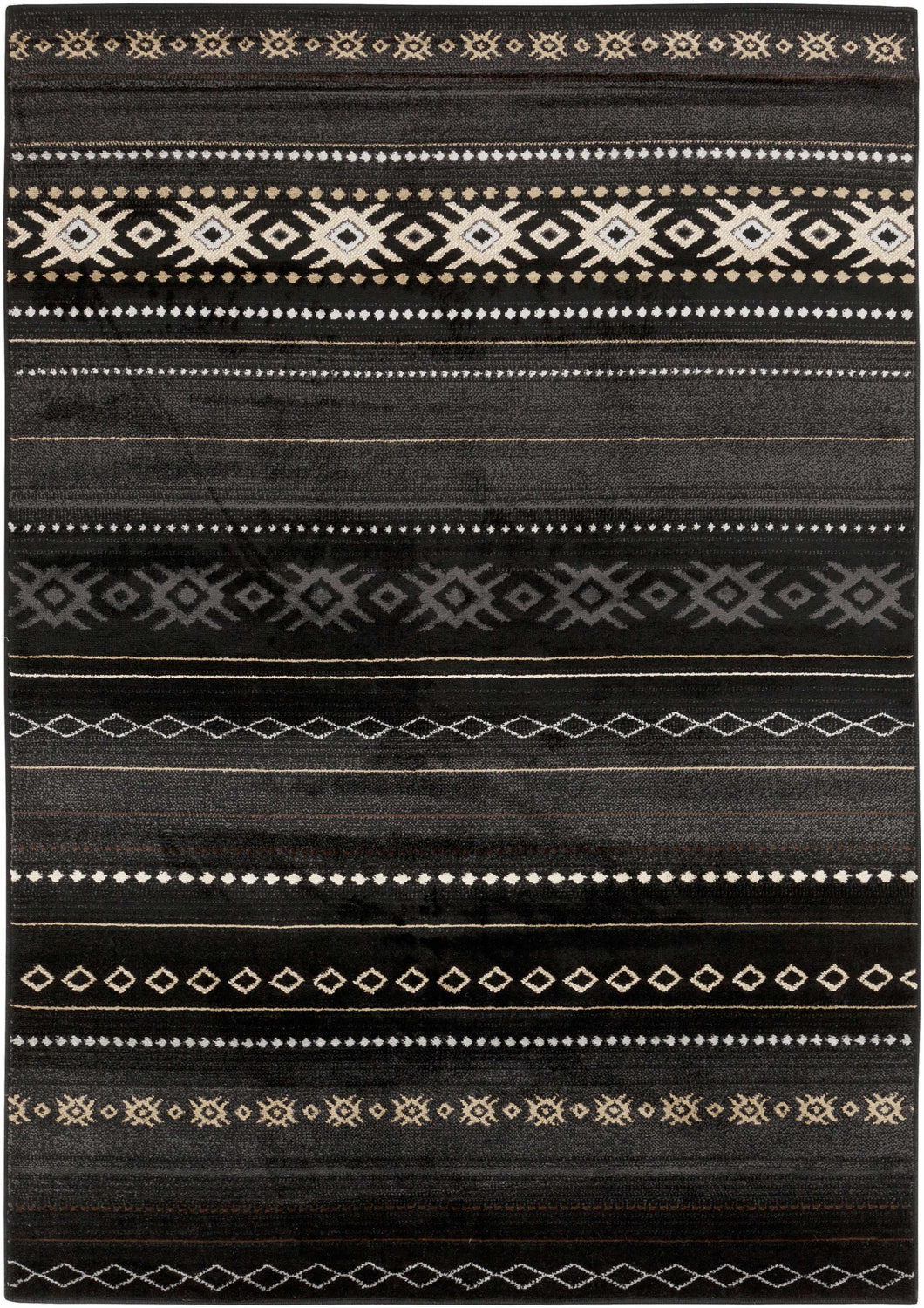 Close-up of Fogertown Black Western Rug, featuring a bohemian geometric pattern in black, charcoal, gray, beige, peach, and tan. Design-Rectangle-5376