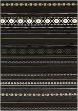 Close-up of the Fogertown Black Western Rug, featuring a geometric Southwestern pattern in black, beige, and gray. Design-Rectangle