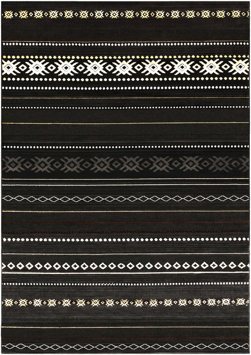 Close-up of the Fogertown Black Western Rug, featuring a geometric Southwestern pattern in black, beige, and gray. Design-Rectangle