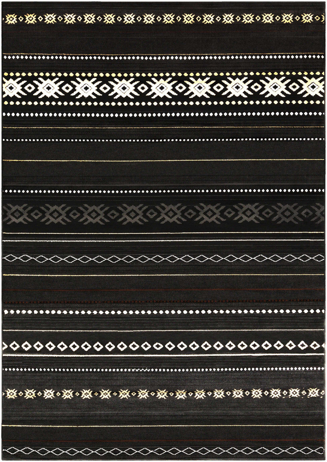 Close-up of the Fogertown Black Western Rug, featuring a geometric Southwestern pattern in black, beige, and gray. Design-Rectangle