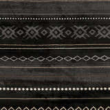 Close-up of Fogertown Black Western Rug. Southwestern pattern with charcoal, gray, and beige geometric designs on a black background. Swatch