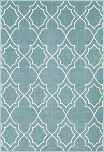 Close-up of Folsom Area Rug showing teal olefin with a white quatrefoil pattern. Design-Rectangle-5376