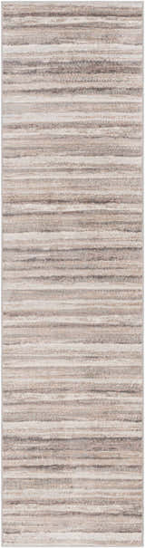 Close-up of Fombell Abstract Striped Area Rug. Contemporary design in charcoal, gray, tan, and white. Machine woven texture. Design-Runner-2710