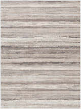 Close-up of the Fombell Abstract Striped Area Rug. Charcoal, gray, tan, and white horizontal stripes create a contemporary design. Design-Rectangle-537