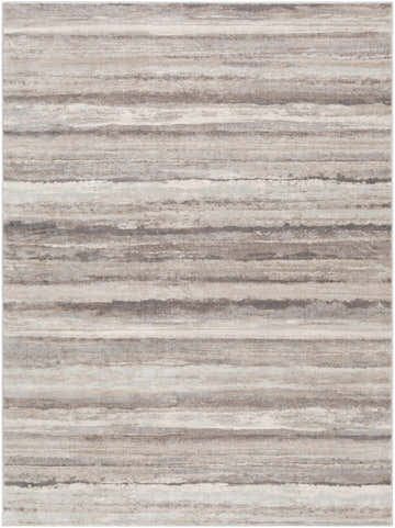 Close-up of the Fombell Abstract Striped Area Rug. Charcoal, gray, tan, and white horizontal stripes create a contemporary design. Design-Rectangle-537