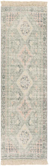 Detailed view of the Foraker Sage Green Cotton Rug, featuring a traditional design with sage, pink, and wheat hues. Design-Runner-268