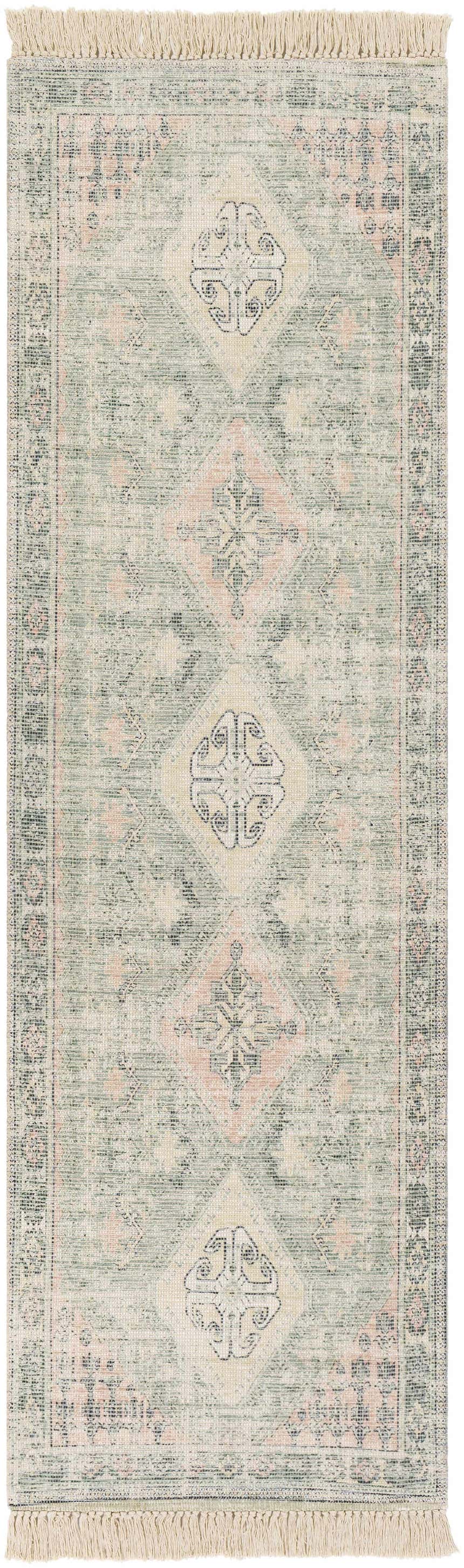 Detailed view of the Foraker Sage Green Cotton Rug, featuring a traditional design with sage, pink, and wheat hues. Design-Runner-268