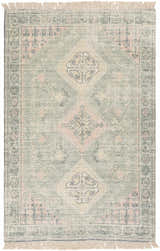Close-up of Foraker Sage Green Cotton Rug. Bohemian style rug with sage, pink, and wheat diamond pattern and fringe. Design-Rectangle-576