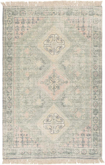 Close-up of Foraker Sage Green Cotton Rug. Bohemian style rug with sage, pink, and wheat diamond pattern and fringe. Design-Rectangle-576