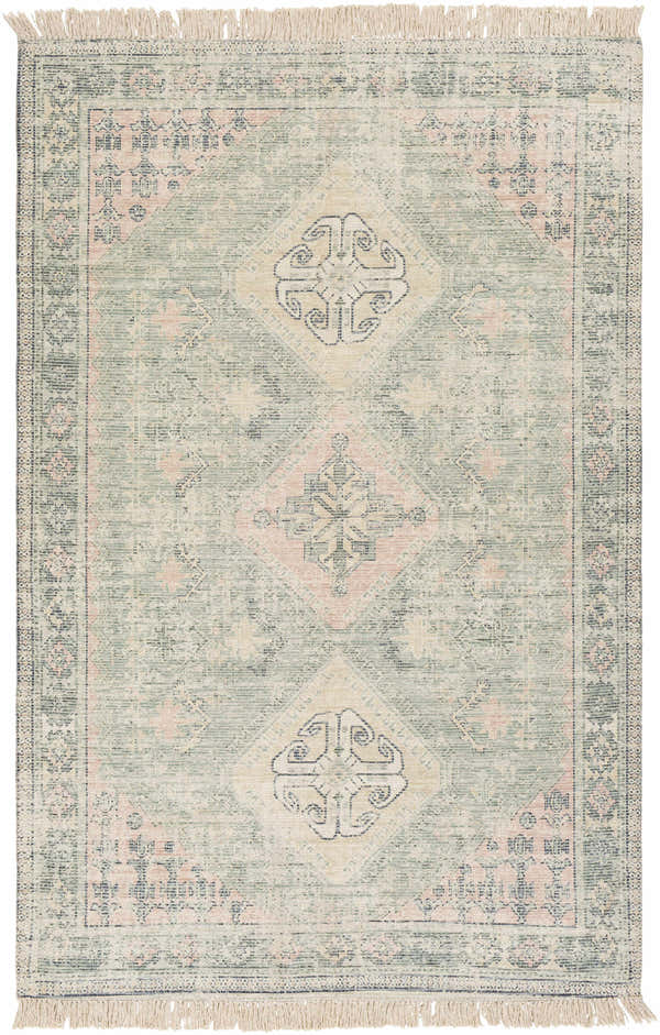 Close-up of Foraker Sage Green Cotton Rug. Bohemian style rug with sage, pink, and wheat diamond pattern and fringe. Design-Rectangle-576
