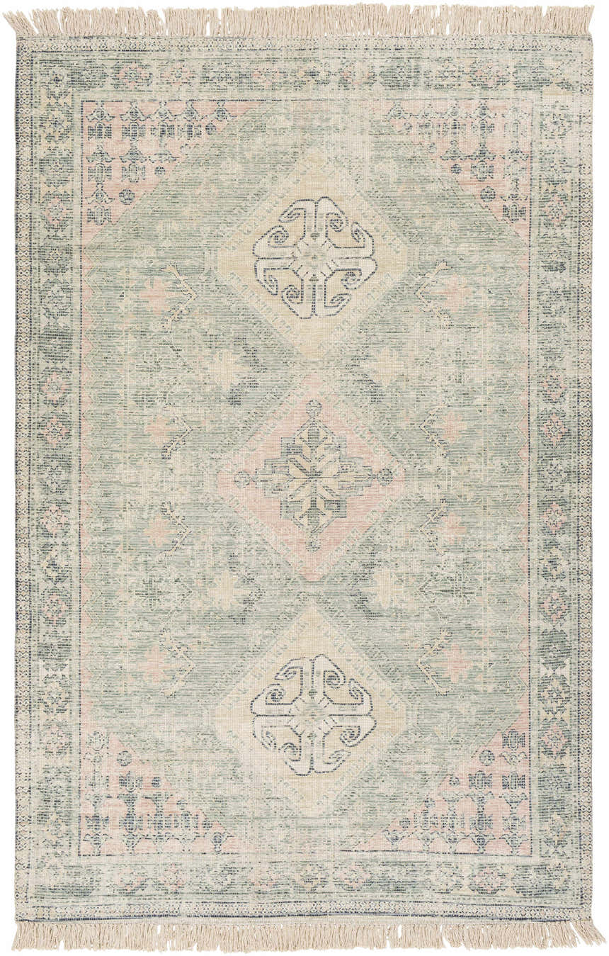 Close-up of Foraker Sage Green Cotton Rug. Bohemian style rug with sage, pink, and wheat diamond pattern and fringe. Design-Rectangle-576