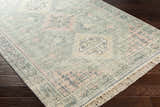 Close-up of the Foraker Sage Green Cotton Rug. Features a traditional design with sage, pink, and wheat hues. Hand-woven texture. Corner