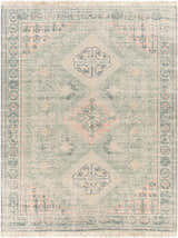 Hand woven Foraker Sage Green Cotton Rug with bohemian diamond pattern in sage, peach, and cream colors. Design-Rectangle-810