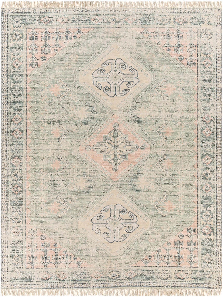 Hand woven Foraker Sage Green Cotton Rug with bohemian diamond pattern in sage, peach, and cream colors. Design-Rectangle-810