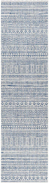 Close-up of the Novato Navy All Over Pattern Performance Rug featuring blue, navy, and white bohemian-inspired designs. Design-Runner-2710