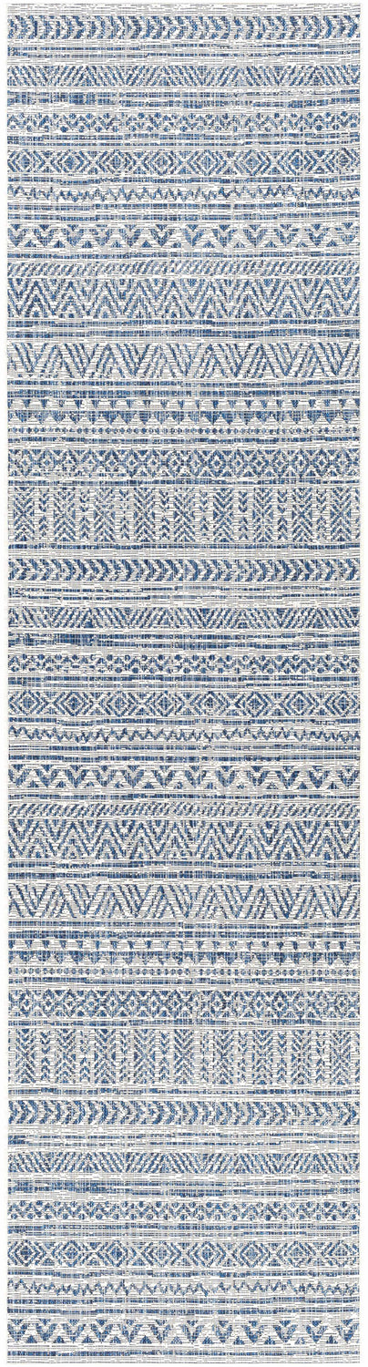 Close-up of the Novato Navy All Over Pattern Performance Rug featuring blue, navy, and white bohemian-inspired designs. Design-Runner-2710