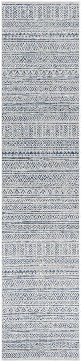 Close-up of the Novato Navy All Over Pattern Performance Rug. Features a blue and white geometric design. Design-Runner-2712
