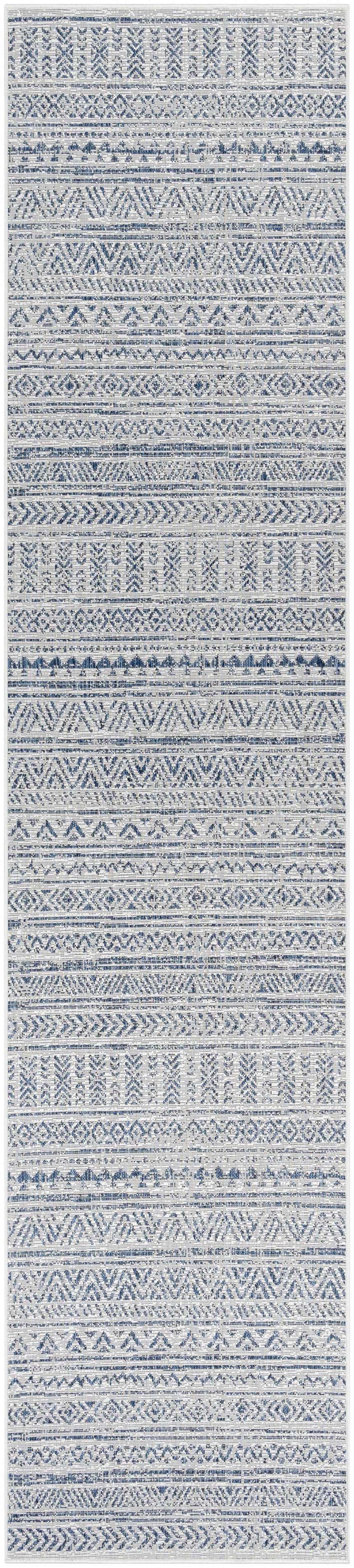 Close-up of the Novato Navy All Over Pattern Performance Rug. Features a blue and white geometric design. Design-Runner-2712