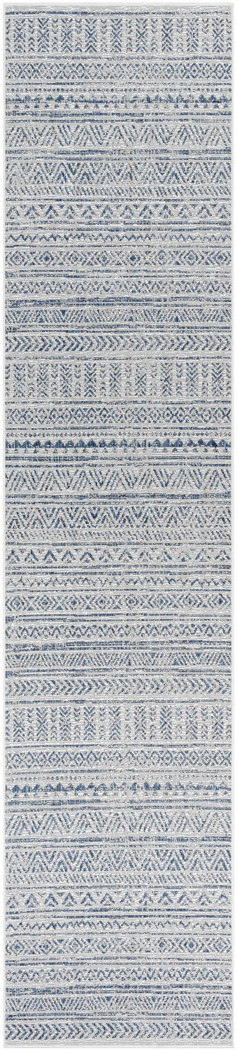 Close-up of the Novato Navy All Over Pattern Performance Rug. Features a blue and white geometric design. Design-Runner-2712