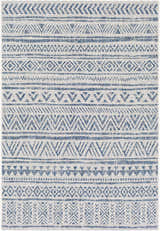 Close-up of the Novato Navy All Over Pattern Performance Rug, featuring bohemian blue and white geometric designs. Design-Rectangle-5376