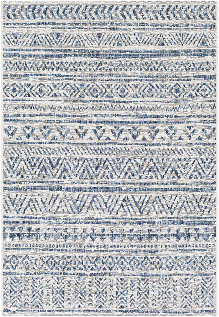 Close-up of the Novato Navy All Over Pattern Performance Rug, featuring bohemian blue and white geometric designs. Design-Rectangle-5376